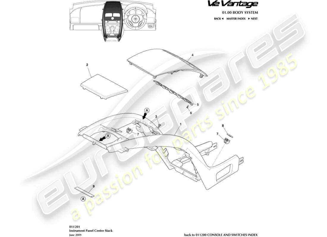 aston martin v12 vantage (2010) consola central, menos diagrama de piezas de navegación por satélite