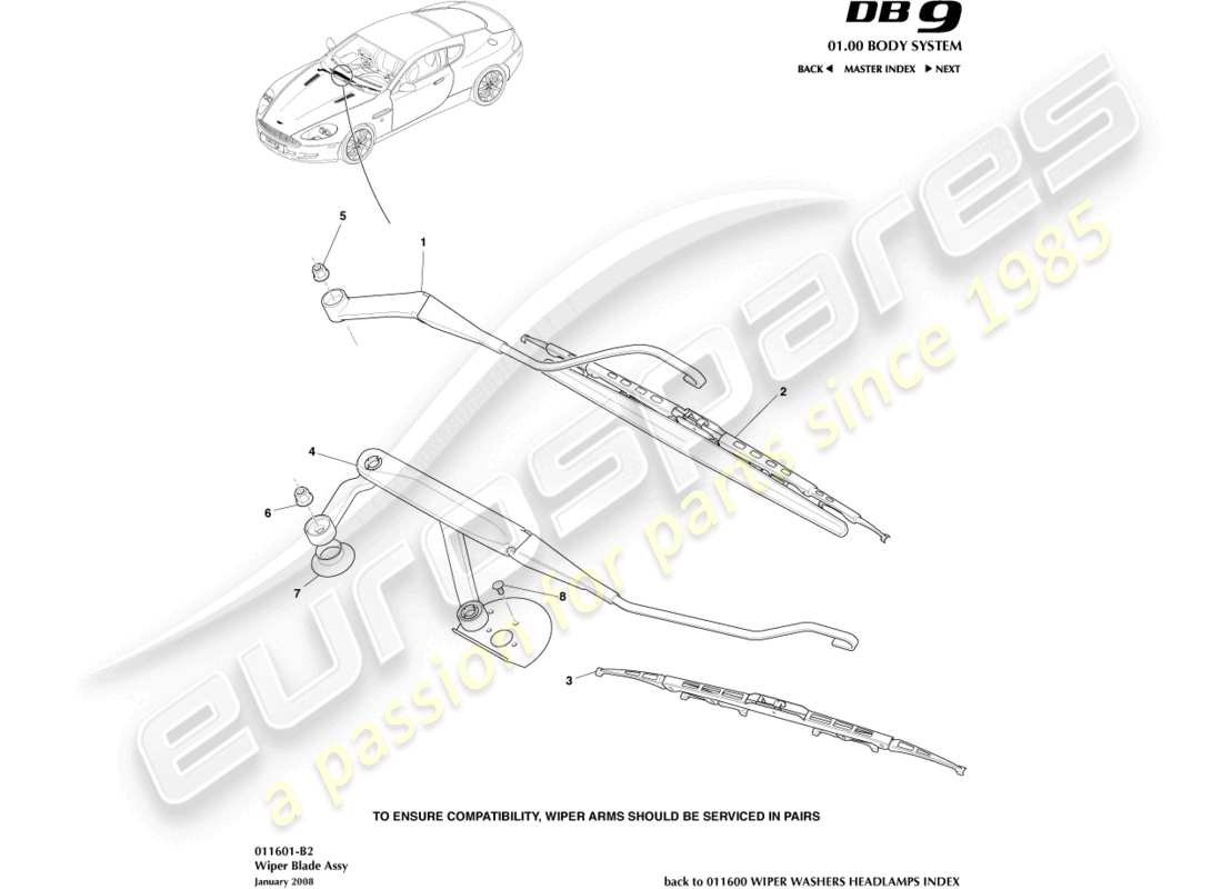aston martin db9 (2005) diagrama de piezas del conjunto de la escobilla del limpiaparabrisas