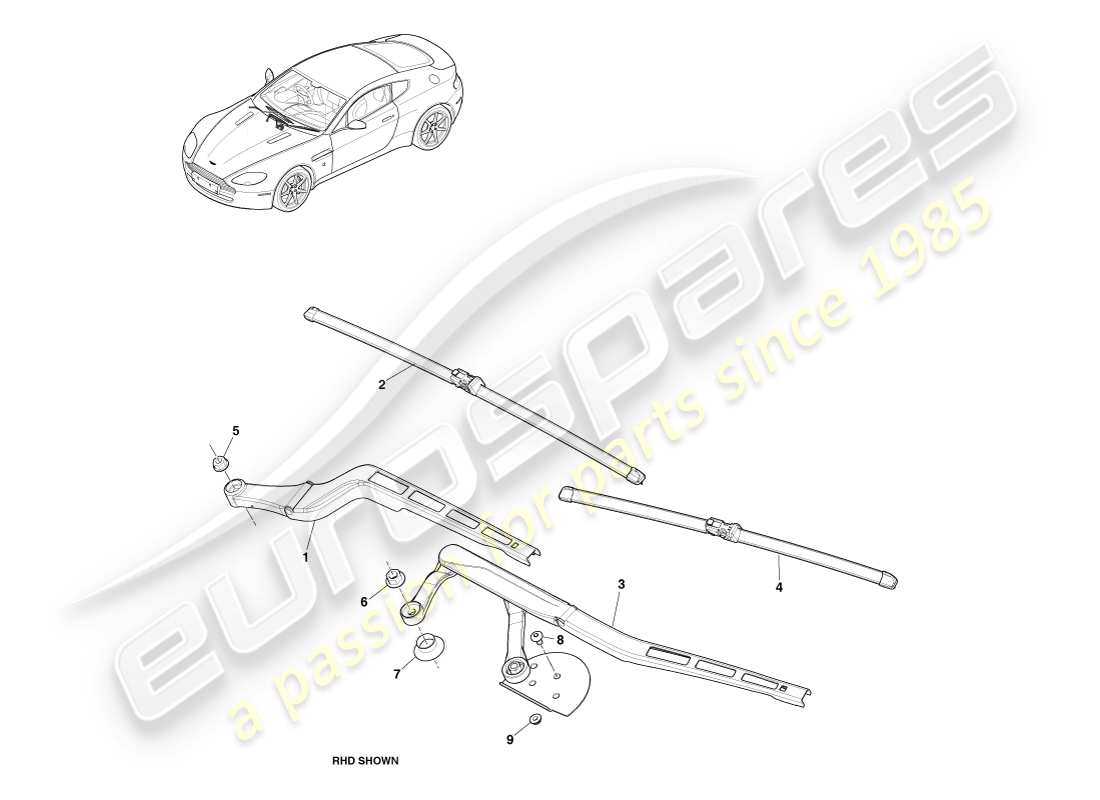aston martin v8 vantage (2007) conjunto de escobilla de limpiaparabrisas, 12my diagrama de piezas