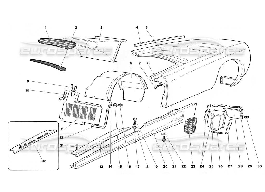lamborghini diablo sv (1999) elementos de la carrocería: diagrama de piezas del flanco izquierdo