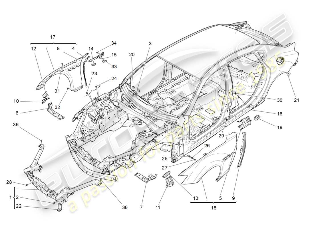 maserati qtp 3.0 bt v6 410hp (2014) diagrama de piezas de la carrocería y los paneles exteriores delanteros