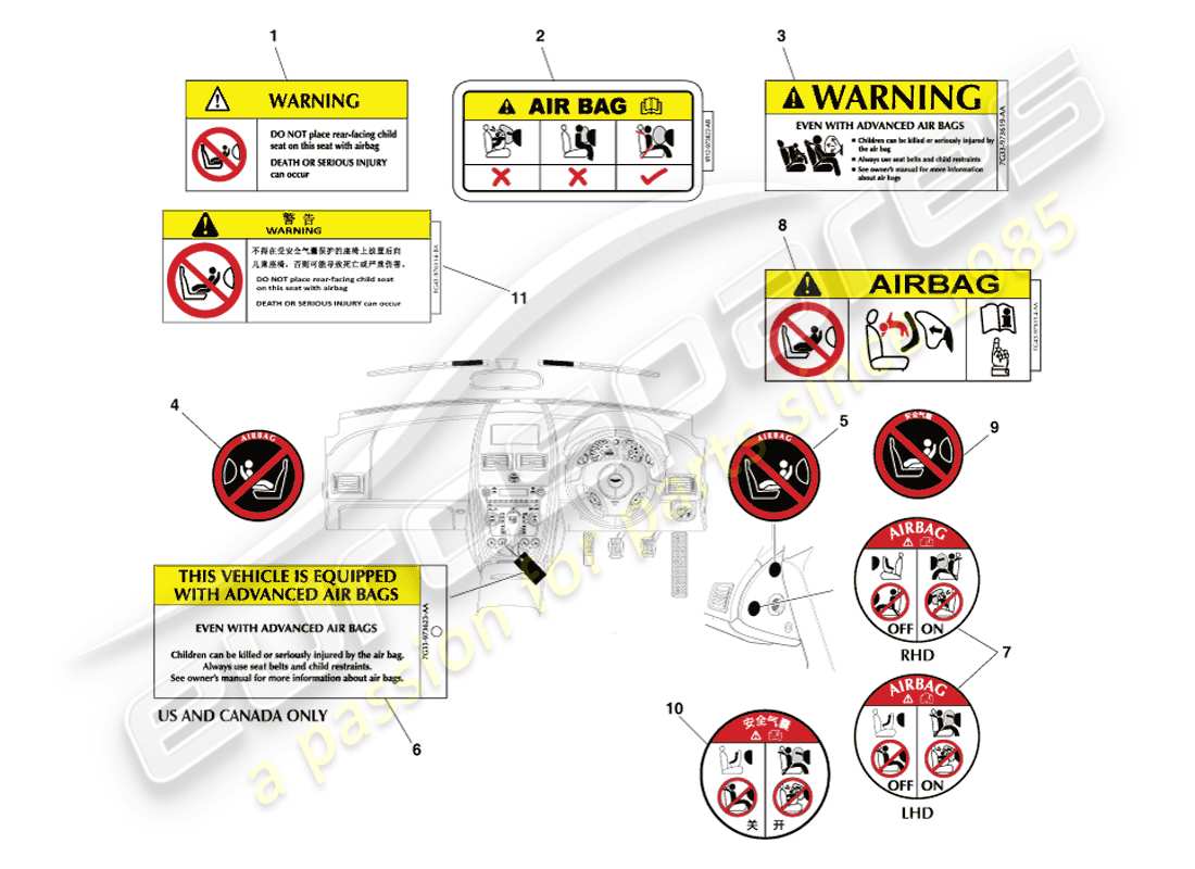 aston martin v8 vantage (2005) diagrama de piezas de etiquetas interiores
