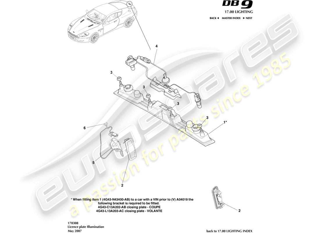 aston martin db9 (2008) diagrama de piezas de las luces de la matrícula