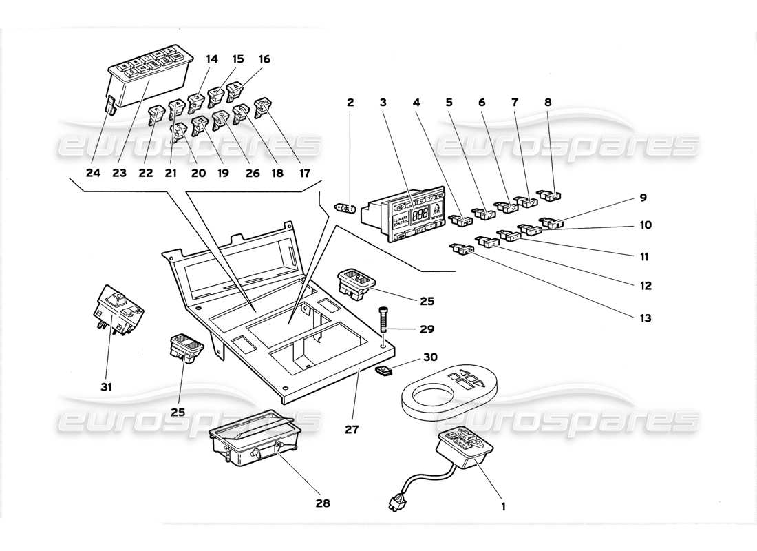 lamborghini diablo gt (1999) instrumentos del panel del túnel diagrama de piezas