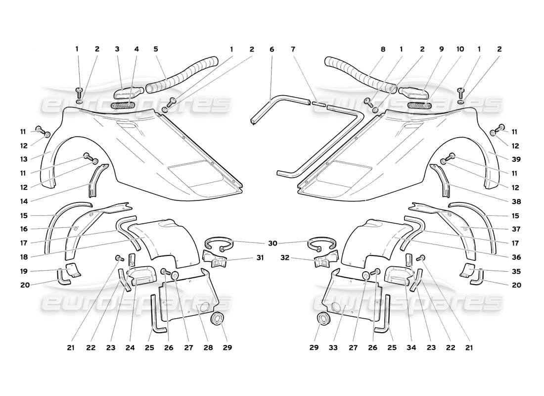 lamborghini diablo sv (1999) diagrama de piezas de los elementos delanteros del cuerpo