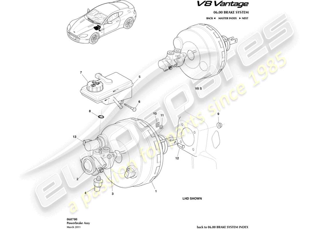 aston martin v8 vantage (2013) diagrama de piezas del conjunto del freno de potencia