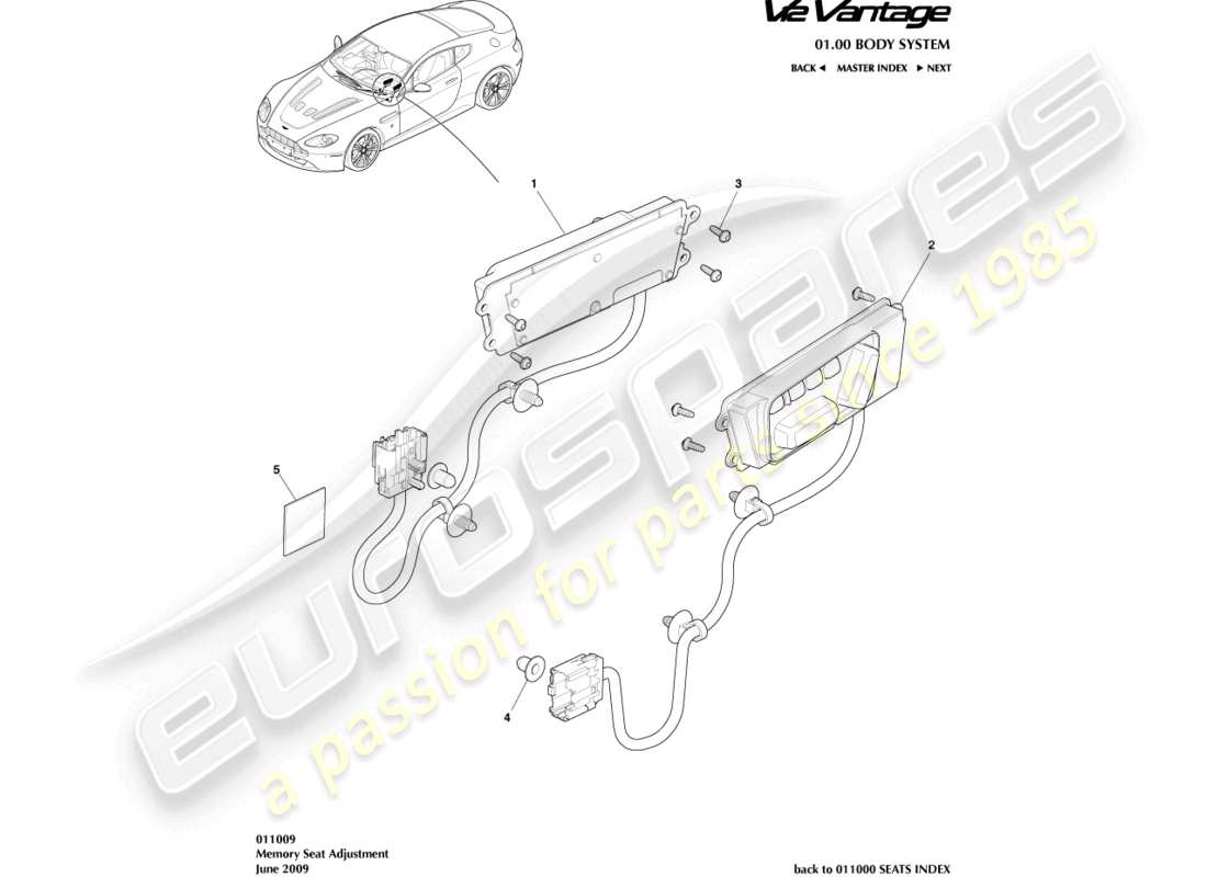 aston martin v12 vantage (2011) diagrama de piezas de ajuste del asiento delantero