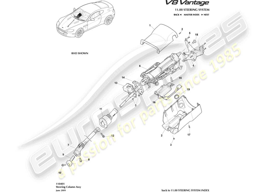 aston martin v8 vantage (2006) diagrama de piezas del conjunto de la columna de dirección