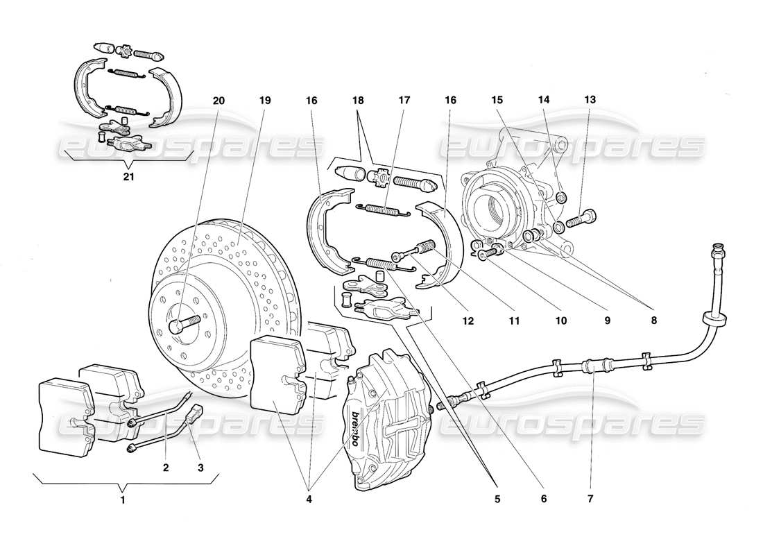 lamborghini diablo sv (1997) diagrama de piezas de frenos traseros