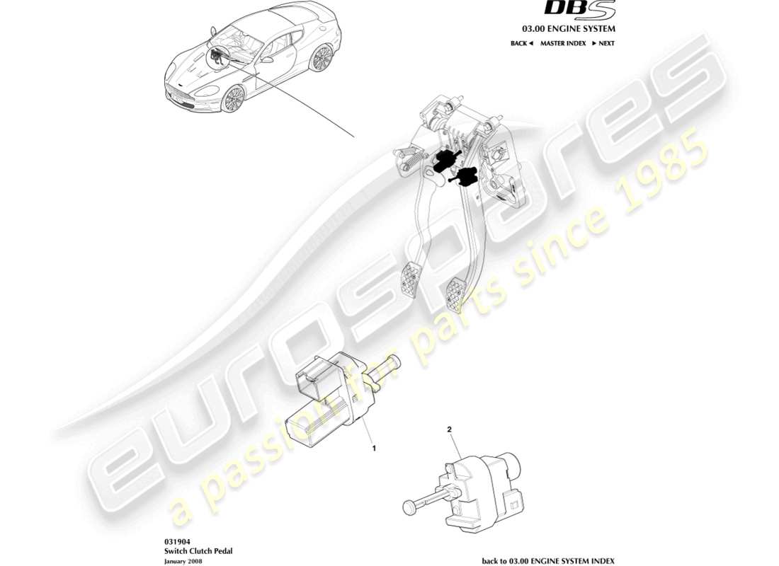 aston martin dbs (2007) diagrama de piezas del interruptor del pedal del embrague