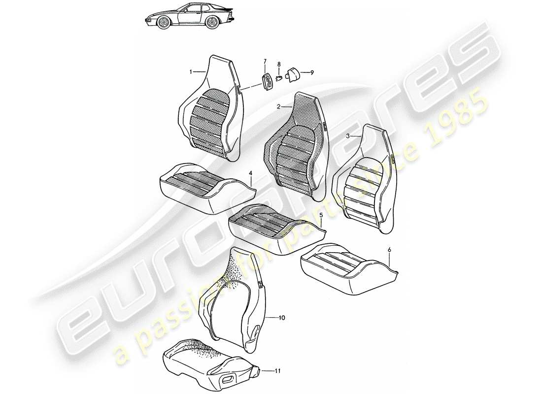 un diagrama de piezas del catálogo de piezas porsche 1988 (seats for 944/968/911/928)