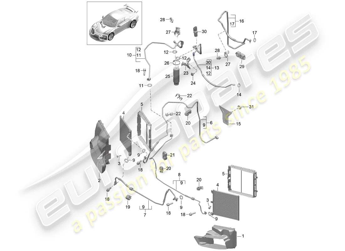 porsche 2017 (991-2 r/gt3/rs) diagrama de piezas del circuito refrigerante