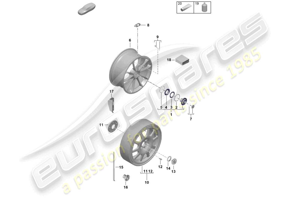 porsche 2019 (992-1) piezas individuales llanta de aleación con cierre centralizado diagrama de piezas
