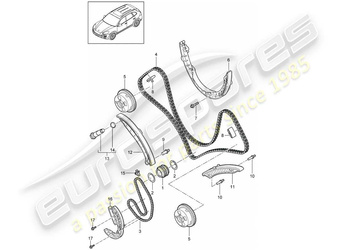 porsche 2016 (cayenne e2 92a) diagrama de piezas de la cadena de distribución