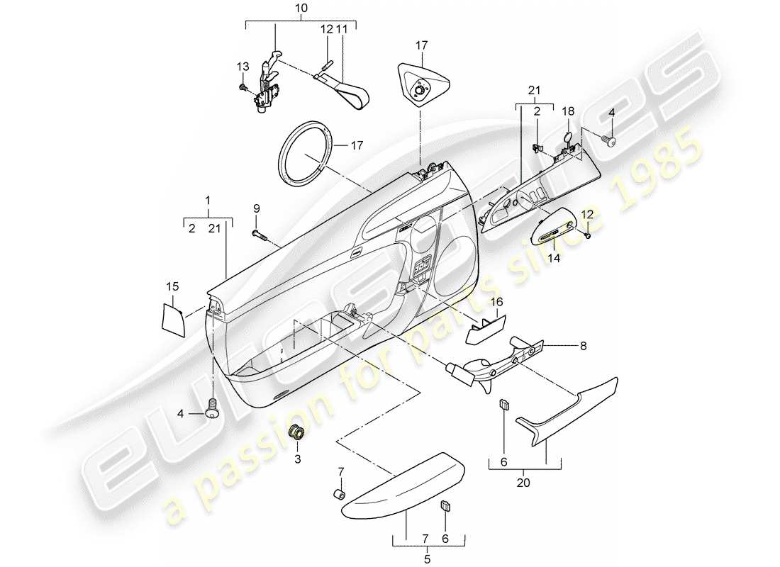 porsche 2007 (997-1 gt3) diagrama de piezas del panel de puerta