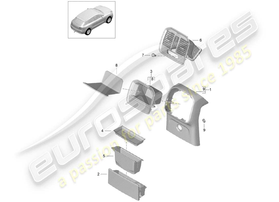porsche 2016 (macan) diagrama de piezas de la consola central
