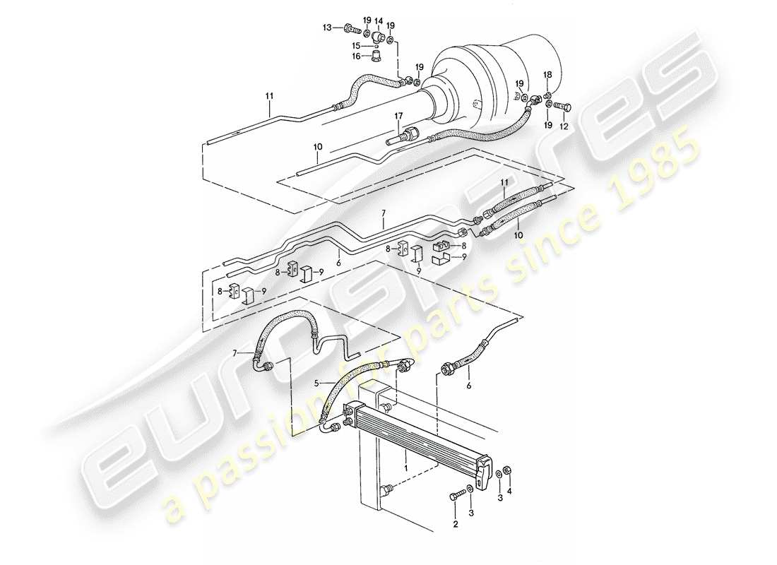 porsche 1990 (928) transmisión automática - enfriador del atf - líneas del atf diagrama de piezas