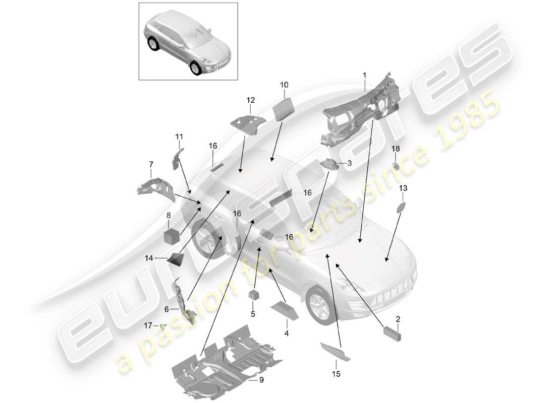 porsche 2017 (macan) absorbente de sonido diagrama de piezas