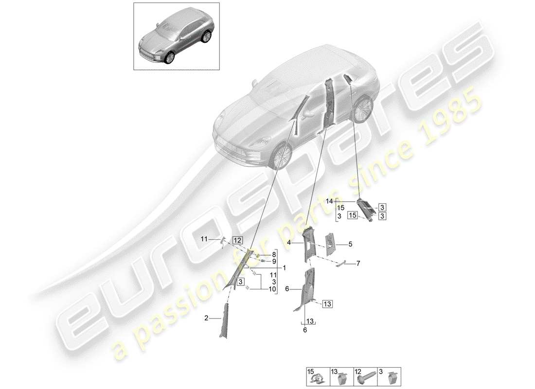 porsche 2019 (macan) forro del pilar a diagrama de piezas