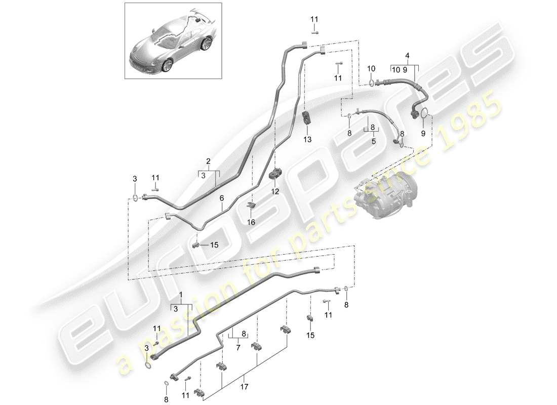porsche 2017 (991-2 r/gt3/rs) diagrama de piezas del circuito refrigerante