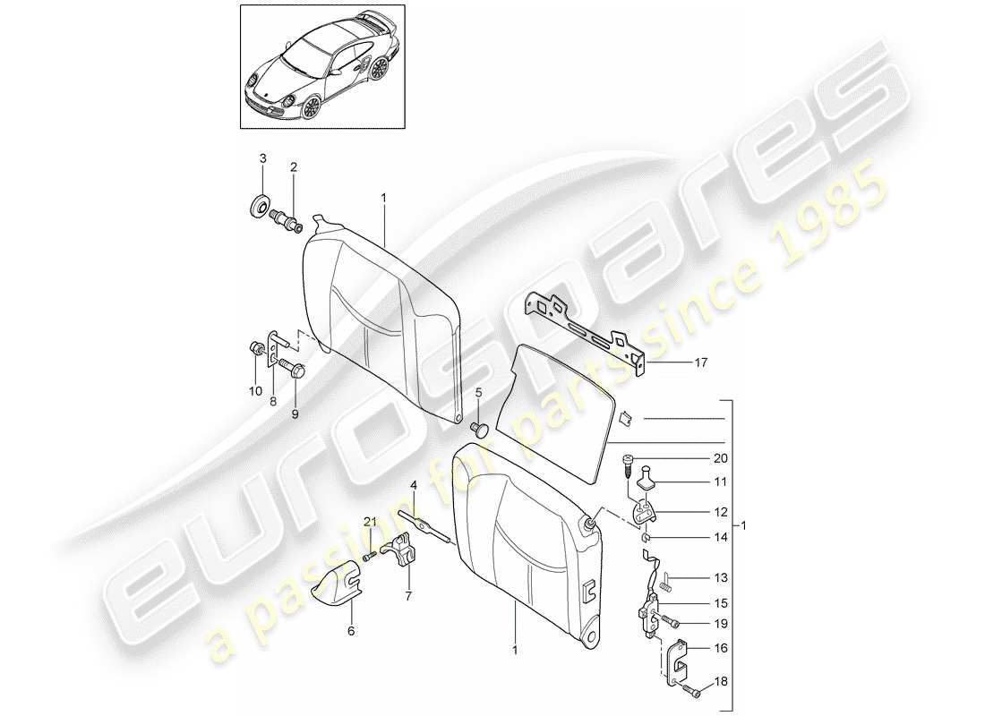 porsche 2013 (997-2 turbo / gt2 rs) respaldo del asiento de emergencia diagrama de piezas