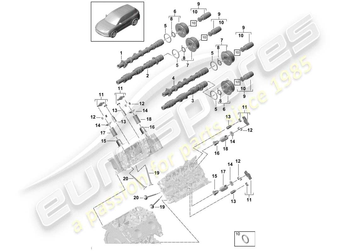 porsche 2018 (cayenne e3 9ya/9yb) árbol de levas, válvulas diagrama de piezas