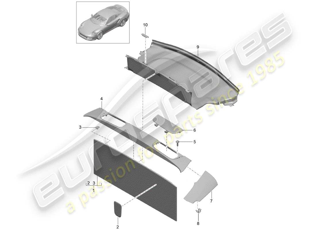 porsche 991 turbo (2016) diagrama de piezas del revestimiento