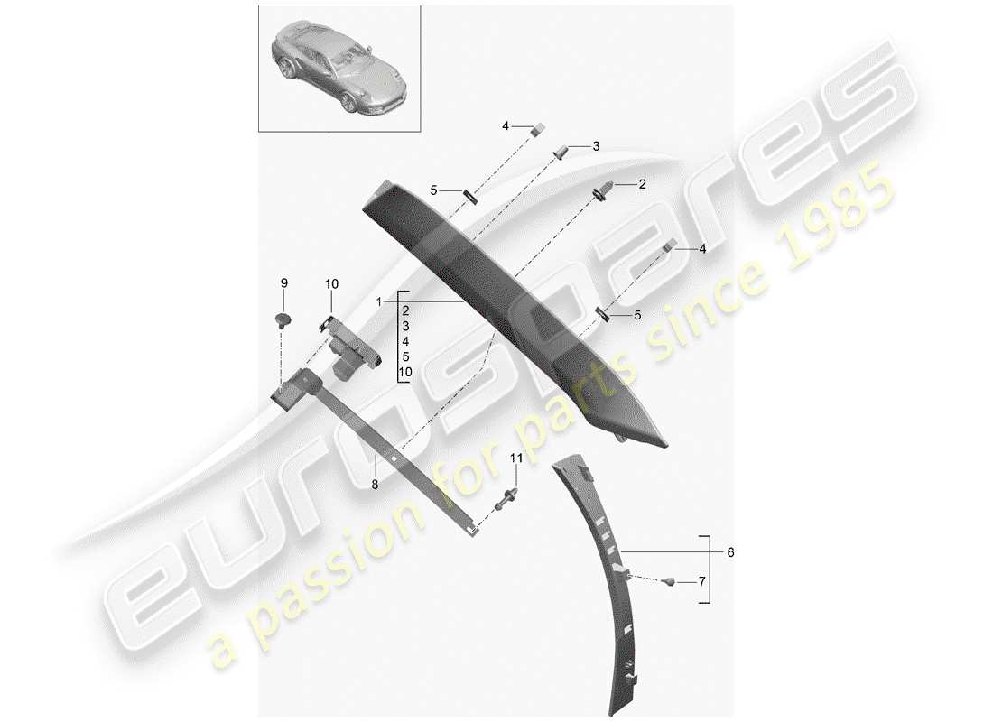porsche 991 turbo (2016) diagrama de piezas del pilar a