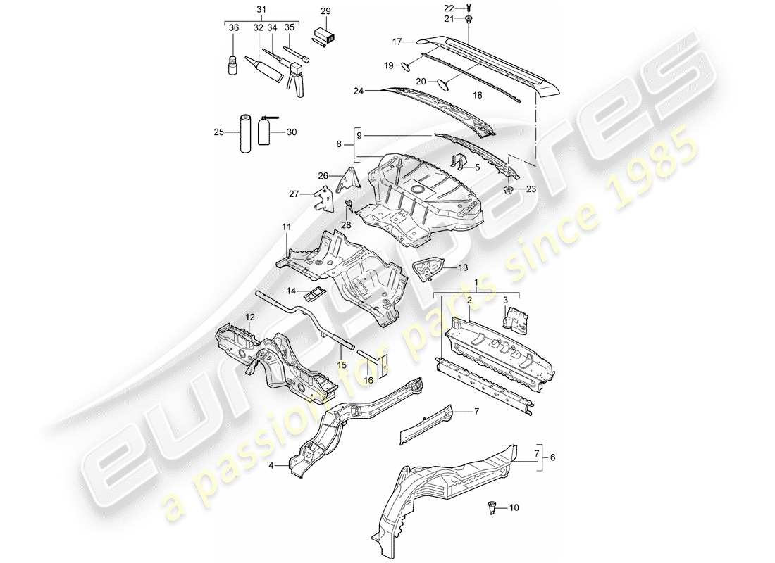 porsche 2009 997-2 turbo / gt2 diagrama de piezas del extremo trasero