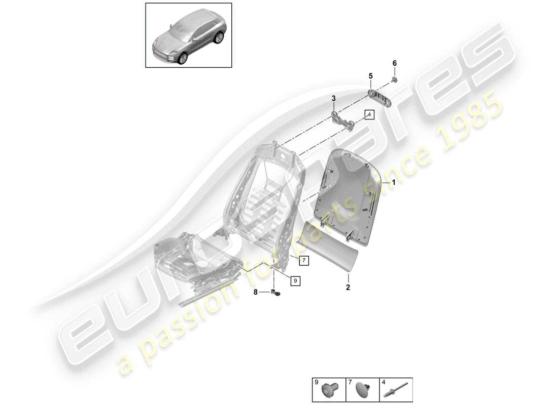 porsche 2019 (macan) diagrama de piezas de la carcasa del respaldo