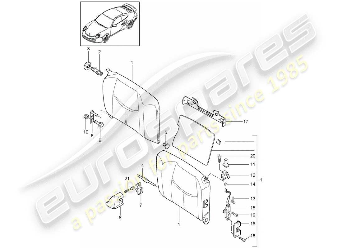porsche 2009 997-2 turbo / gt2 respaldo del asiento de emergencia diagrama de piezas