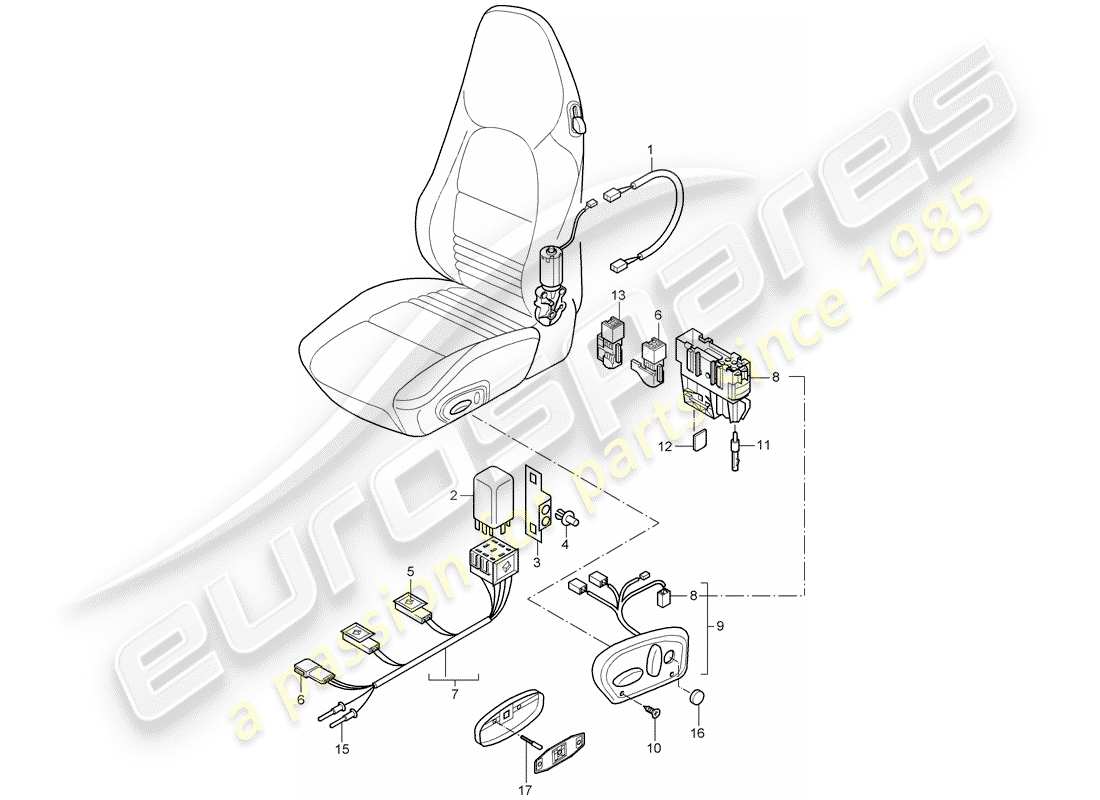porsche 996 (2000) arneses de cableado - interruptor - asiento confort diagrama de piezas