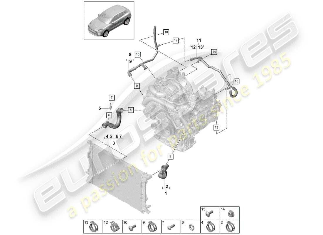 porsche 2019 (macan) diagrama de piezas de refrigeración por agua