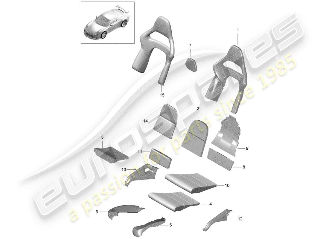 porsche 2014 (991-1 r/gt3/rs) parte de espuma diagrama de piezas
