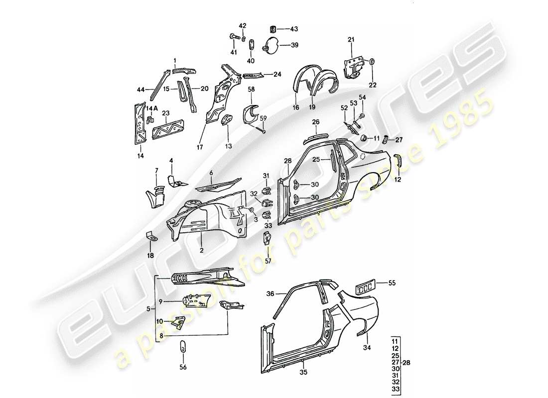 porsche 1986 (924s) panel lateral diagrama de piezas