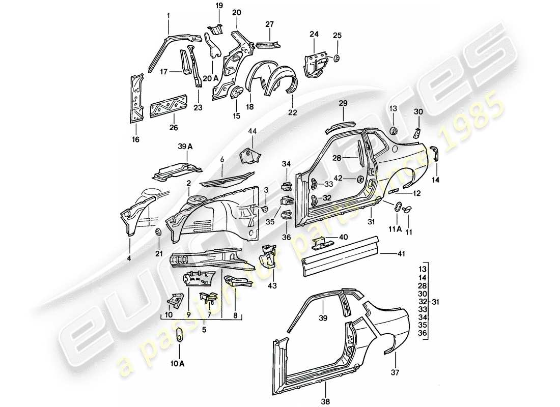 porsche 1976 (924) panel lateral diagrama de piezas