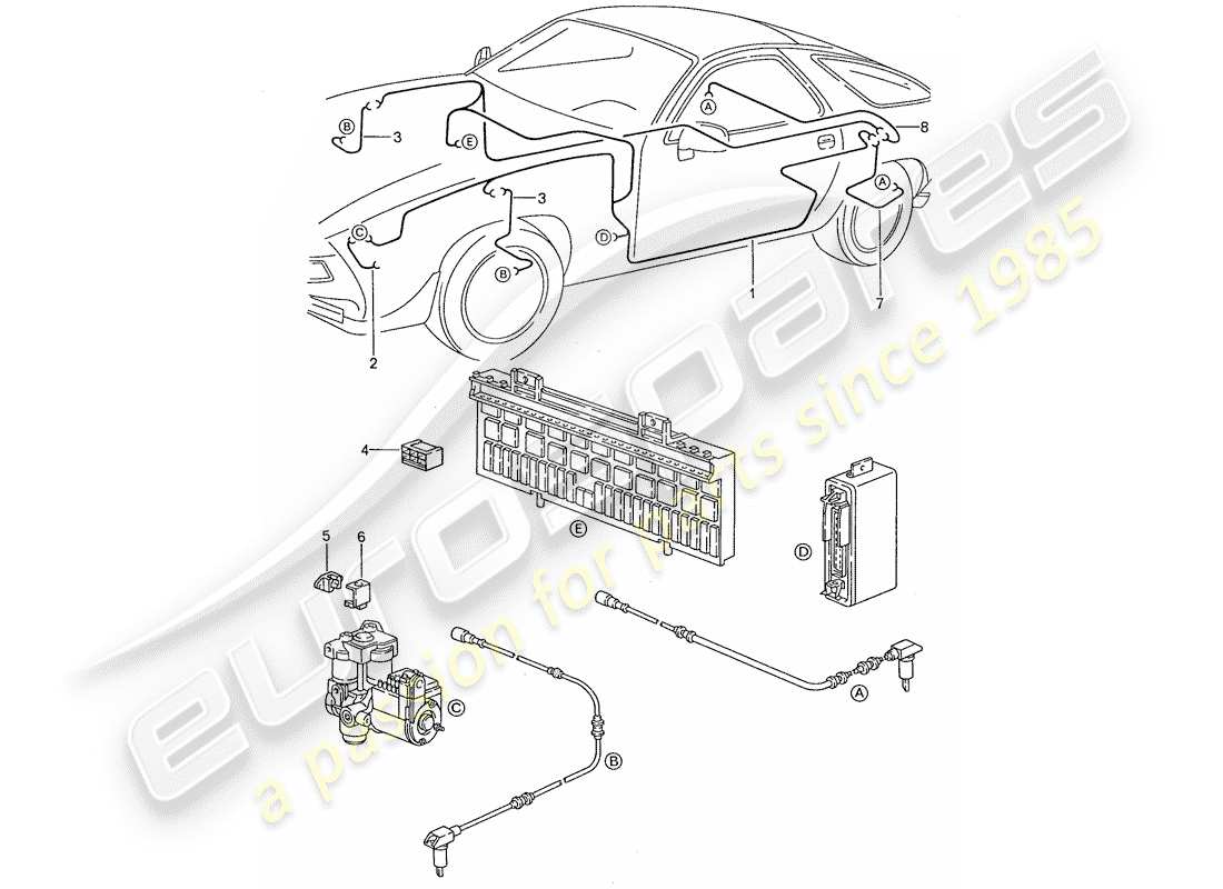porsche 1989 (928) mazo de cables - sistema de freno antibloqueo -abdominales- diagrama de piezas