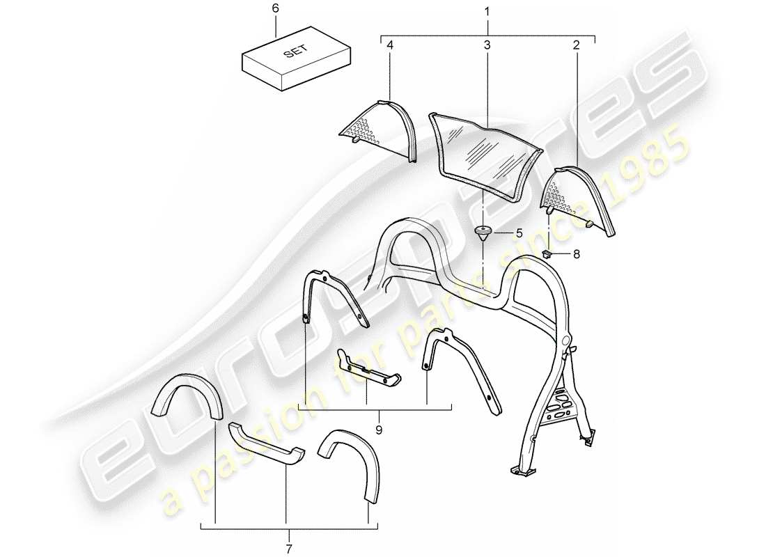 porsche 2008 (987 boxster) diagrama de piezas del parabrisas