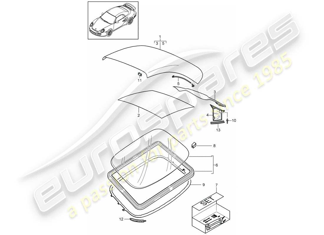 porsche 2013 (997-2 turbo / gt2 rs) cubierta de capota convertible diagrama de piezas