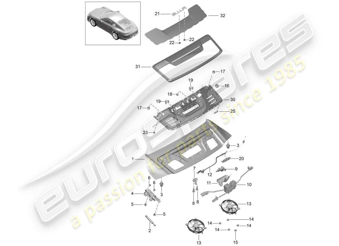 porsche 2014 (991-1 r/gt3/rs) diagrama de piezas de la cubierta