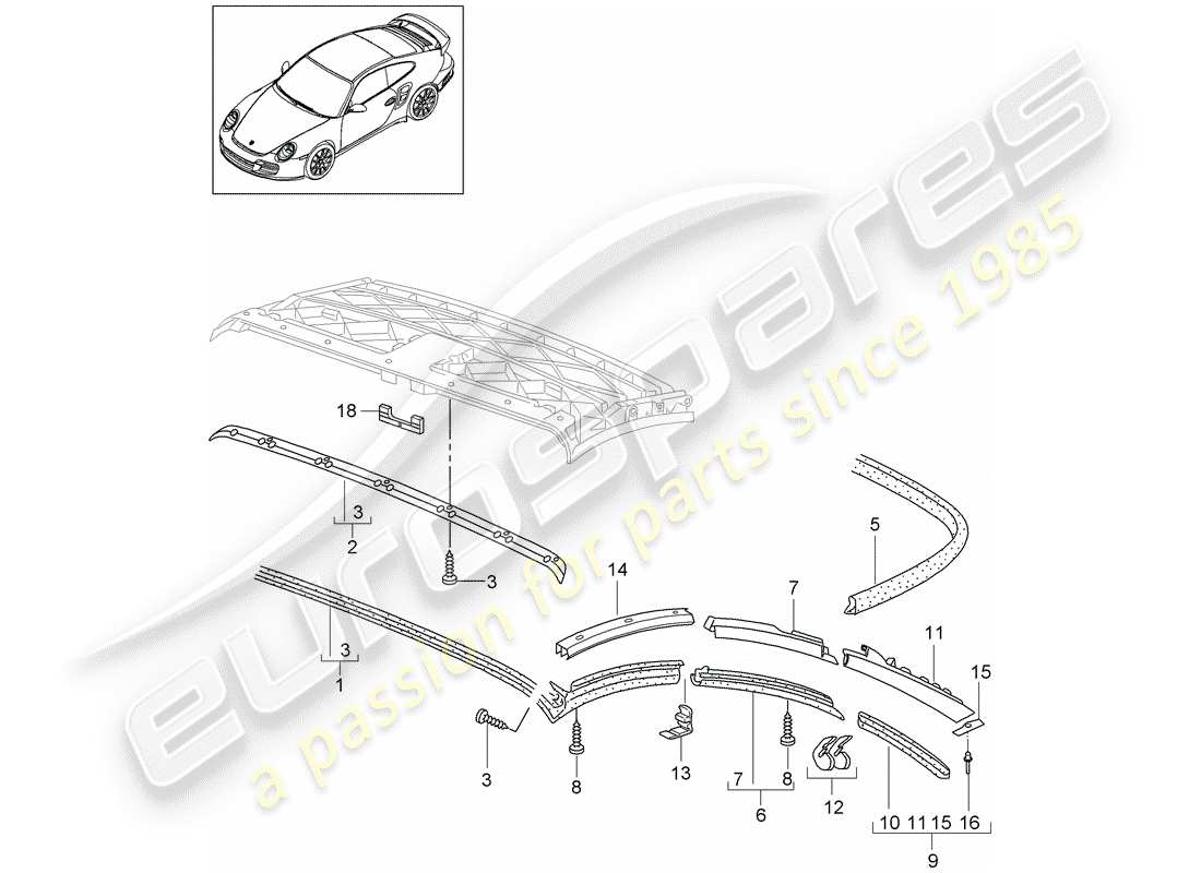 porsche 2009 997-2 turbo / gt2 diagrama de piezas de capota convertible
