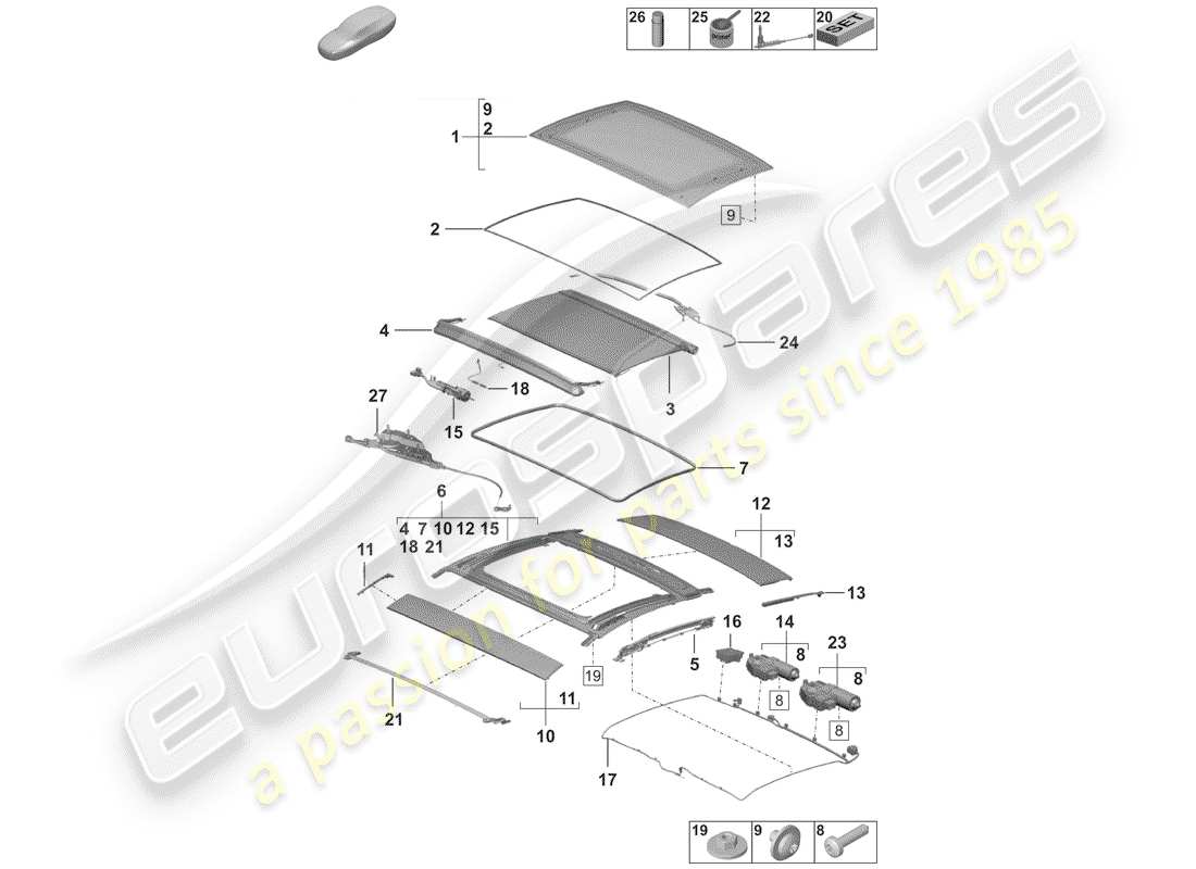 porsche 2020 (992-1) quemacocos de cristal diagrama de piezas