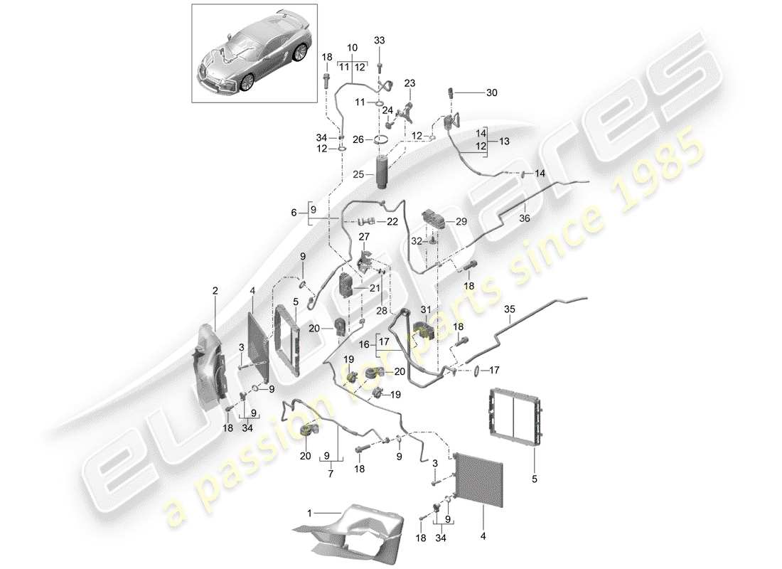 porsche 2016 (981 cayman gt4) circuito refrigerante diagrama de piezas