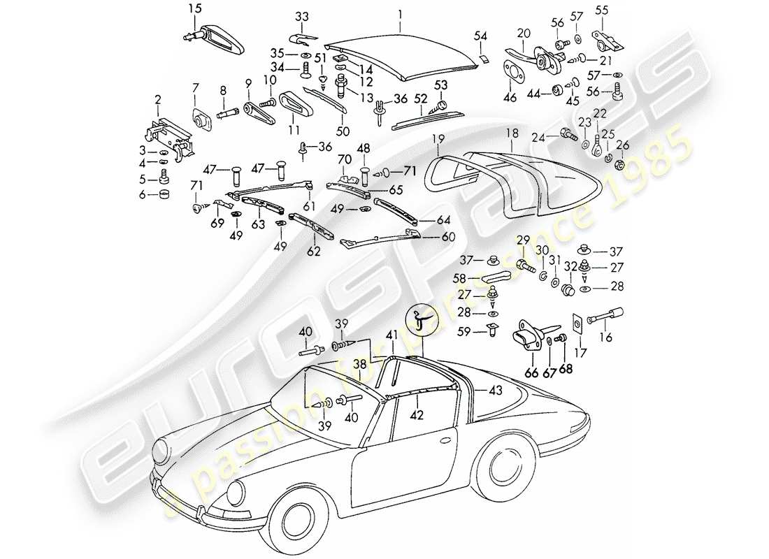porsche 1972 (911) techo diagrama de piezas