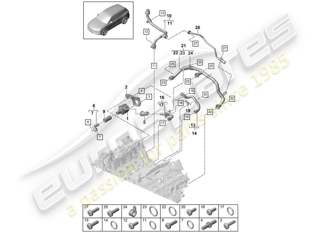porsche 2018 (cayenne e3 9ya/9yb) diagrama de piezas de refrigeración por agua