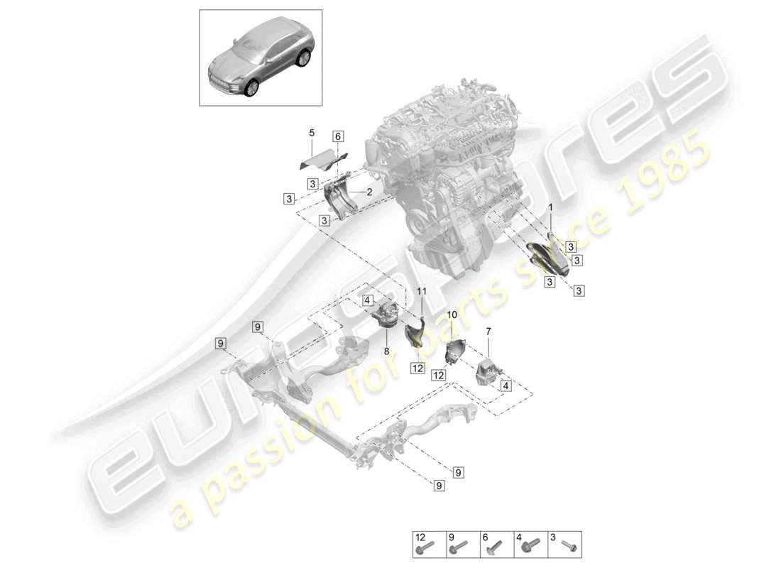 porsche 2020 (macan) aparejo de elevación del motor inferior diagrama de piezas