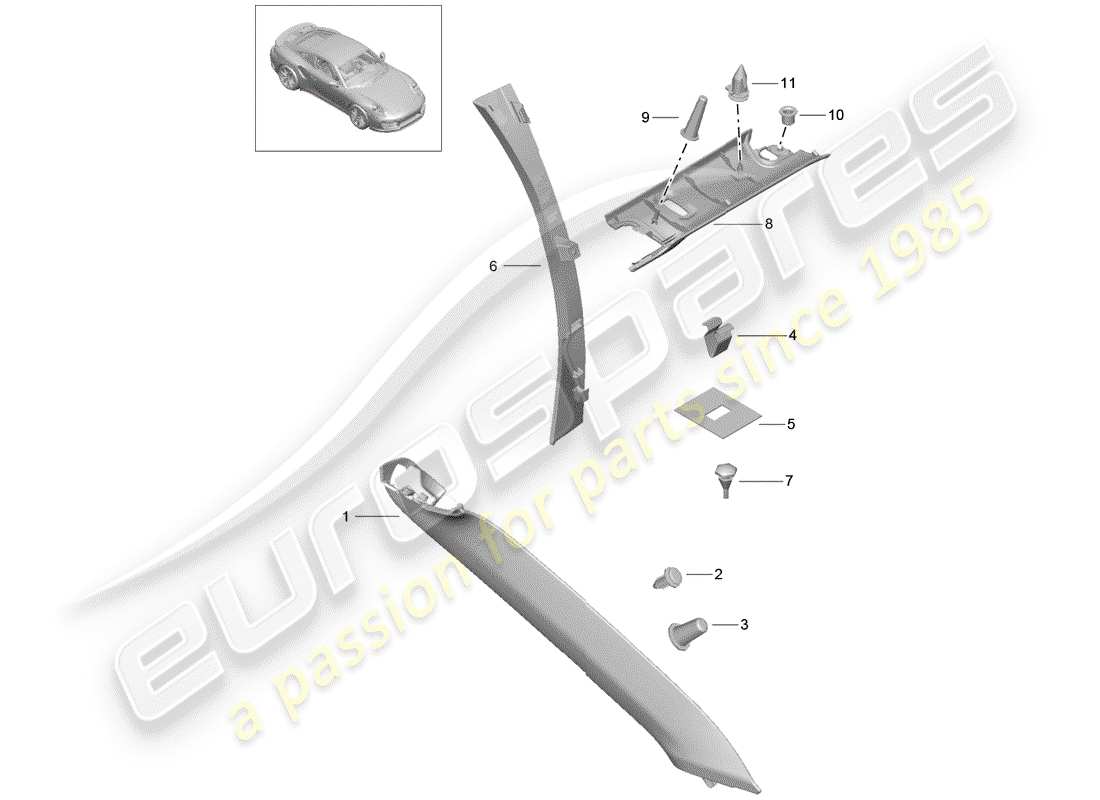 porsche 2016 (991-1 turbo) un pilar diagrama de piezas