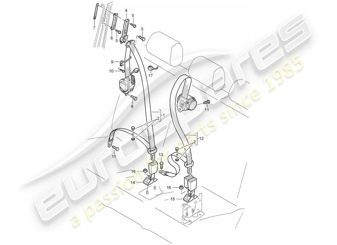 porsche 2008 (cayenne e1 9pa) diagrama de piezas del cinturón de seguridad