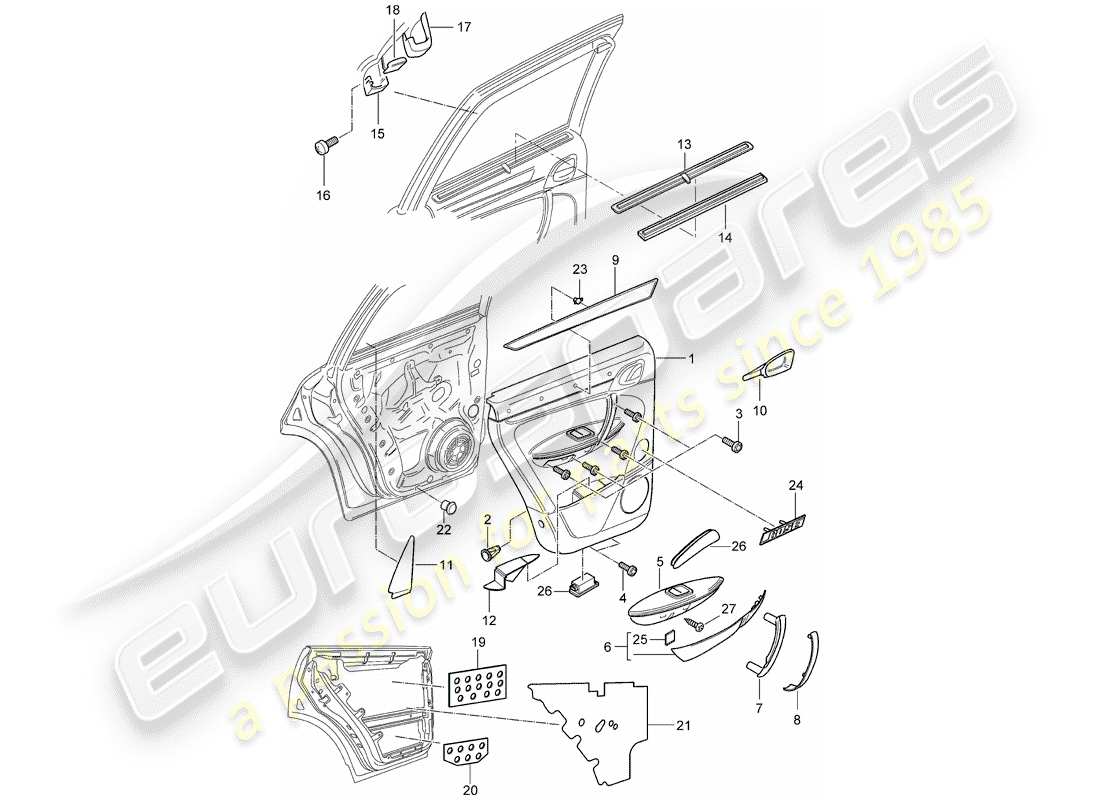 porsche 2003 (cayenne e1 9pa) diagrama de piezas del panel de puerta