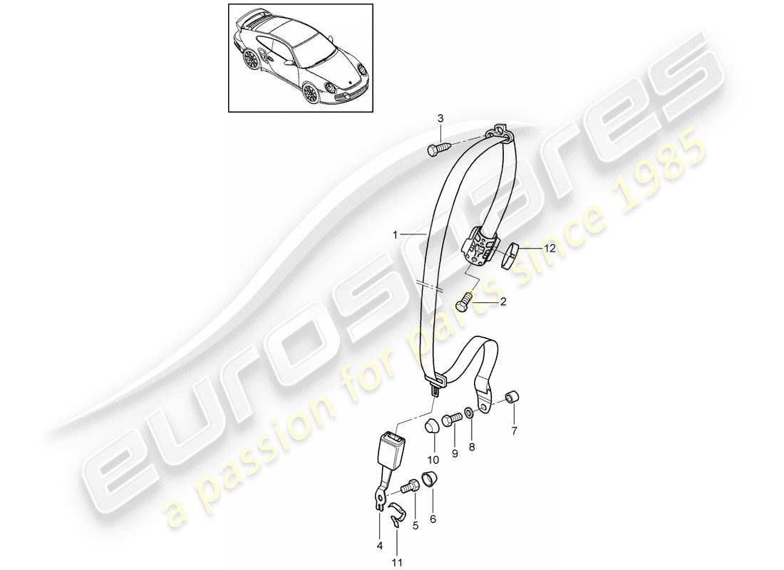 porsche 997 t/gt2 (2009) diagrama de piezas del cinturón de seguridad